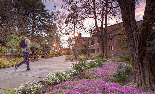 Student walk through campus at dusk among the colorful foliage.