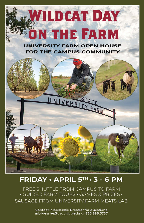 Event poster displaying wildcat day on the farm information with images of animals and crops at the farm