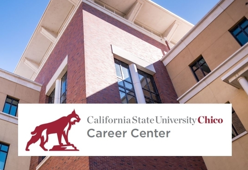Career Center logo with photo of Student Success Building at Chico State