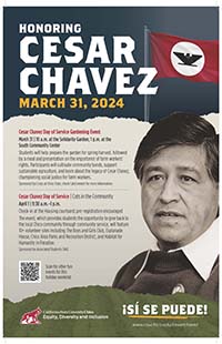Poster Honoring Cesar Chavez and announcements on March 31, 2024 to celebrate the holiday.