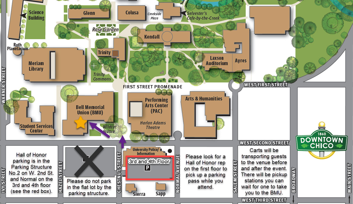 Map of Chico State showing the location of the Parking Structure and BMU for the Hall of Honor