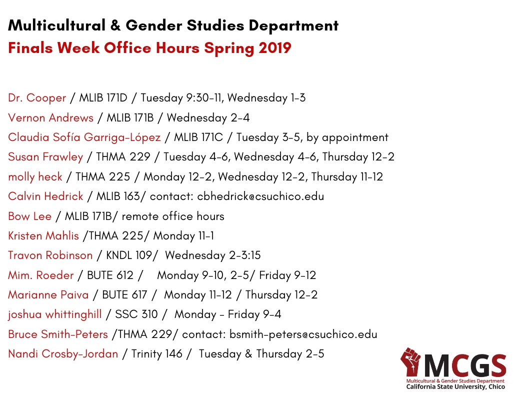 contact the department of multicultural & gender studies for information on final week office hours