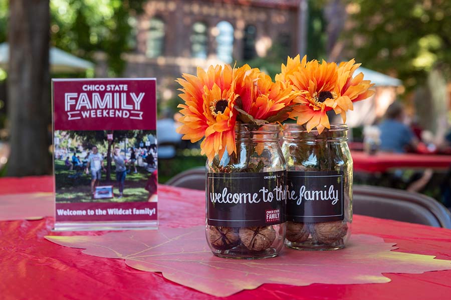 Two mason jars sit next to each other to bear the sign "Welcome to the Family"