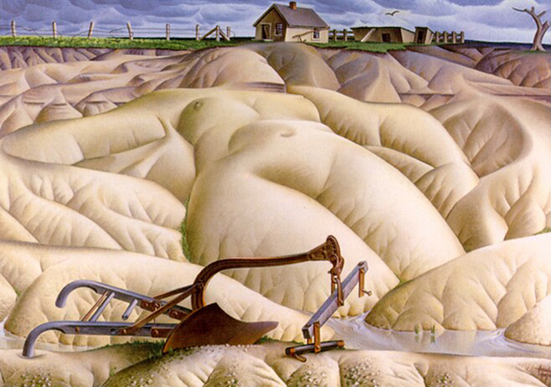 The painting 'Mother Earth Laid Bare' by Alexandre Hogue, showing bare overly tilled land as a nude woman exposed to the elements.