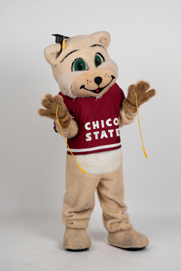 Wildcat mascot with gold graduation honor cord.