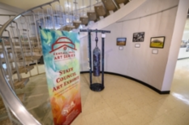 Rotunda of Kendall Hall with art exhibited by staff and faculty