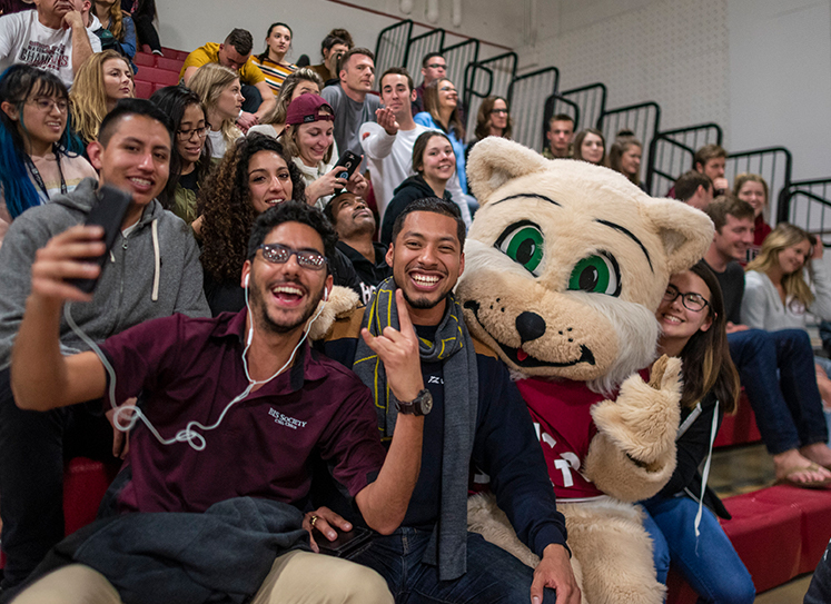 cheering students sit with mascot at basketball game.