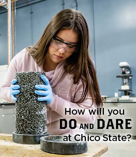 An invitation to do and dare at Chico State shows students in a lab environment.