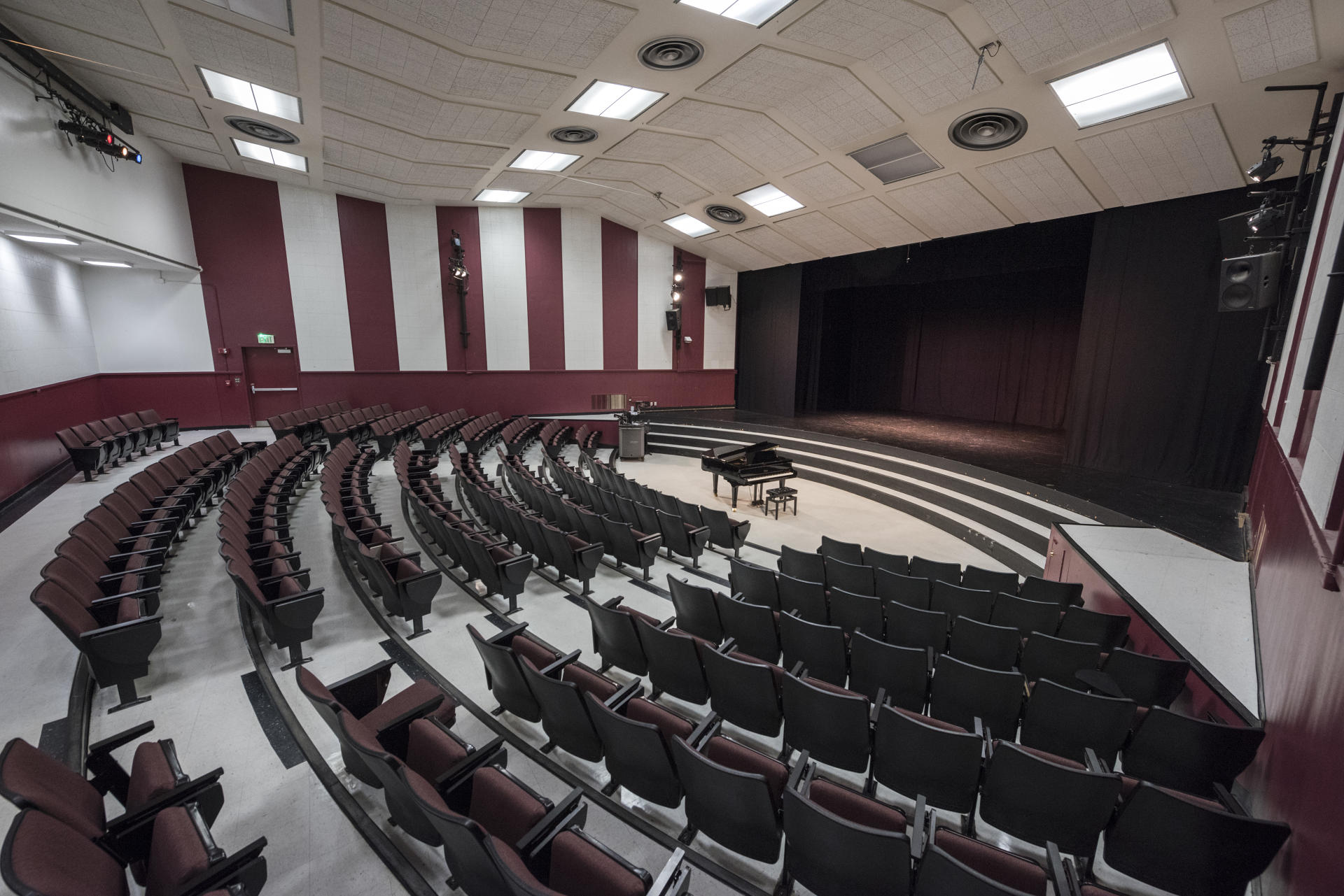 The Ruth Rowland Taylor Recital Hall features 218 seats with a red and white decor