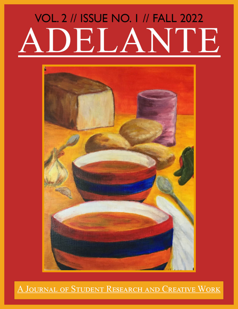 Adelante Journal Cover showing colorful bowls of soup and bread and potatoes on a table.