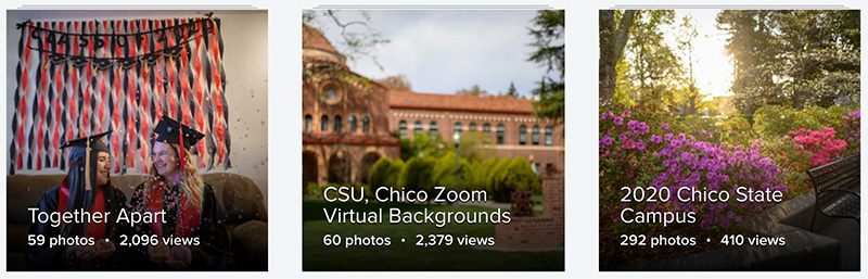 3 album covers: Together Apart, Zoom Virtual Backgrounds, Chico State Campus