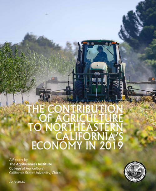 Background image features a tractor harvesting an orchard alleycrop, with the title "The Contribution of Agriculture to Northeastern California’s Economy in 2019" printed in the foreground.