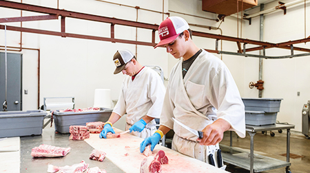 Two students in aprons working in the meats lab