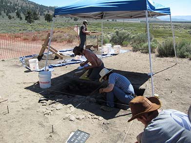 Students dig and sort under a tent