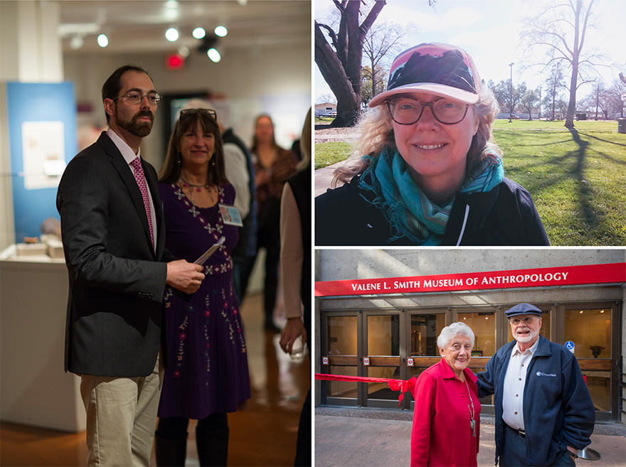From left, Museum Director, Dr. William Nitzky, pictured with Museum Anthropology Professor Emeritus and former Museum Co-Director, Dr. Georgia Fox. Upper right, museum Assistant Curator, Heather McCafferty. Lower right, Dr. Valene Smith with Keith Johnson enjoy the moment together at the museum expansion in 2017.