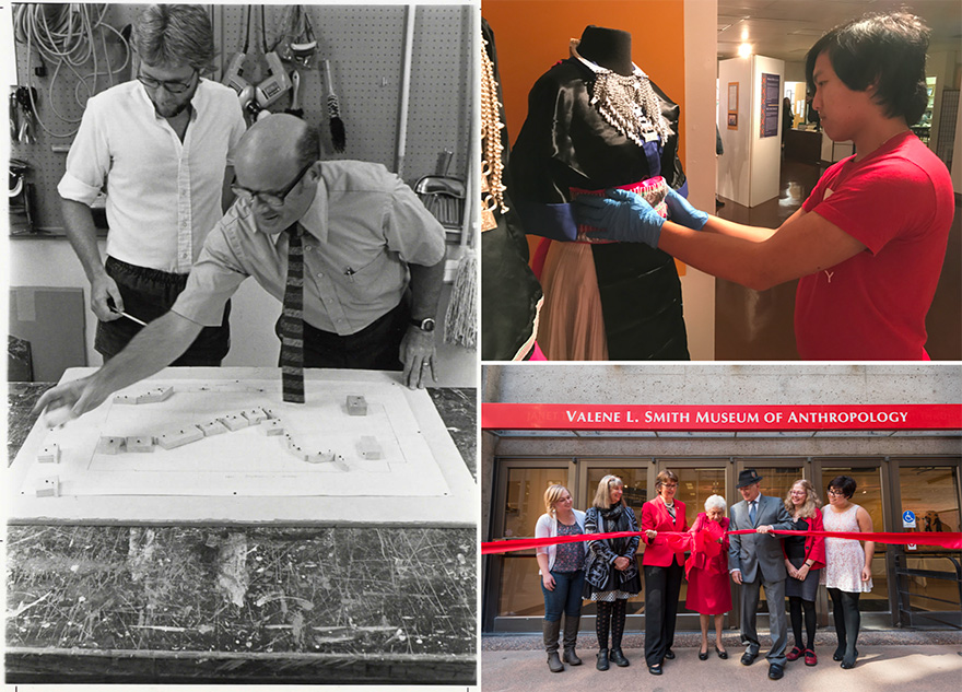 From left, museum founder, Keith Johnson, works on a floor plan for an exhibition in the 1980s. Upper right, student curator, Jonathan Vang, prepares a mannequin for display. Lower right, Dr. Valene Smith cuts the ribbon for the expansion for the museum in 2017.