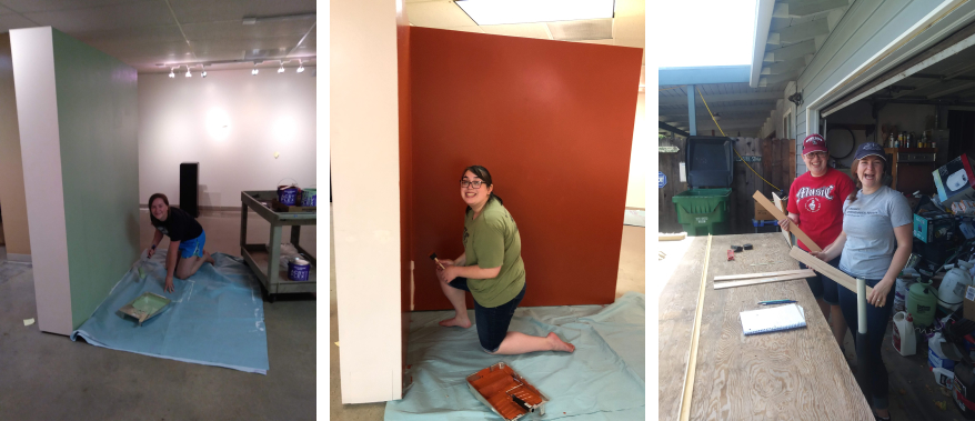 Coral Doyle (left) and Meegan Sims (right) paint the museum gallery space. Far right, Coral and Meegan have fun while building a museum interactive.