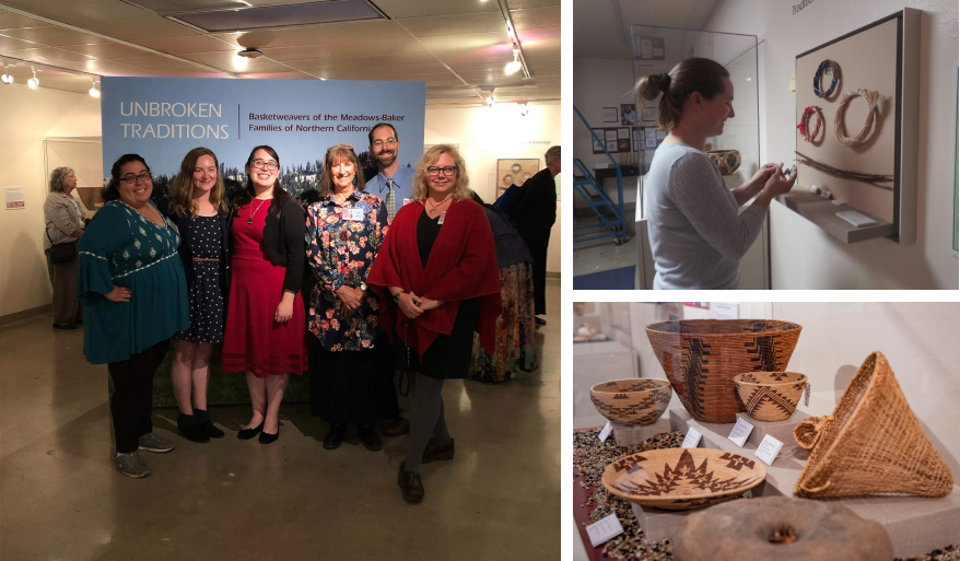 From left, Coral and Meegan at the opening reception for Unbroken Traditions exhibition. Upper right, Coral working on exhibit installation. Bottom right, baskets from the Meadows-Baker families on display in the Unbroken Traditions exhibit.