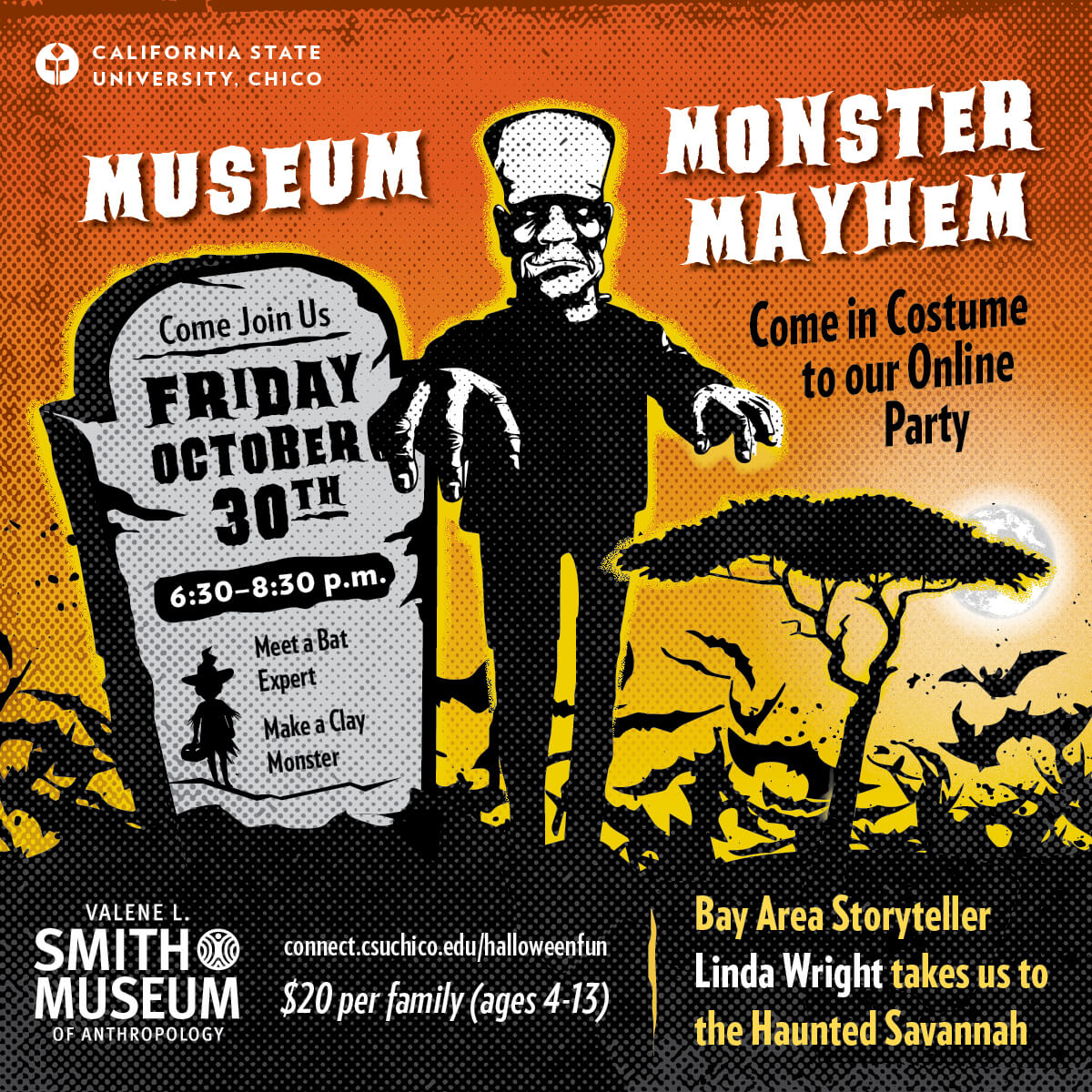 Monster Mayhem poster. October 27th from 11am-3pm. $5 per child. Please contact the Anthropology Museum at 530-898-5397 for more information.