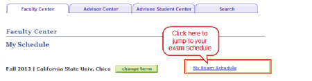 The Faculty Center page indicating where faculty members will see final information for all of their classes. There are four tabs at the top labeled in this order from left to right, Faculty Center, Advisor Center, Advisee Student Center, and Search. A red outlined rectangle highlights the link 