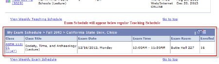 This is a second screen capture from the Faculty Center page as above indicating what the faculty's final exam schedule looks like. A red outlined rectangle highlights a table titled 