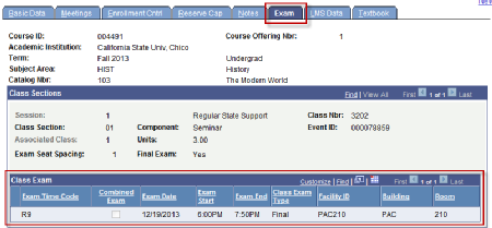 The Maintain Schedule of Classes page in PeopleSoft. The page has 8 blue tabs at the top of the page each labeled (from right to left) Basic Data, Meetings, Enrollment Cntrl (Control), Reserve Cap, Notes, Exam, LMS Data, and Textbook. A small red outlined rectangle highlights the Exam tab while a larger red outlined rectangle highlights the Class Exam table at the bottom of the page. 