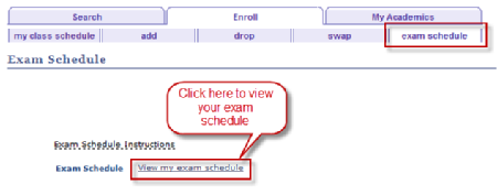 The Student Center record indicating the first step in locating final exam information. Red outlined rectangles (one in the upper right, one on the bottom just left of center) highlight clickable links. A speech bubble outlined in red reading 