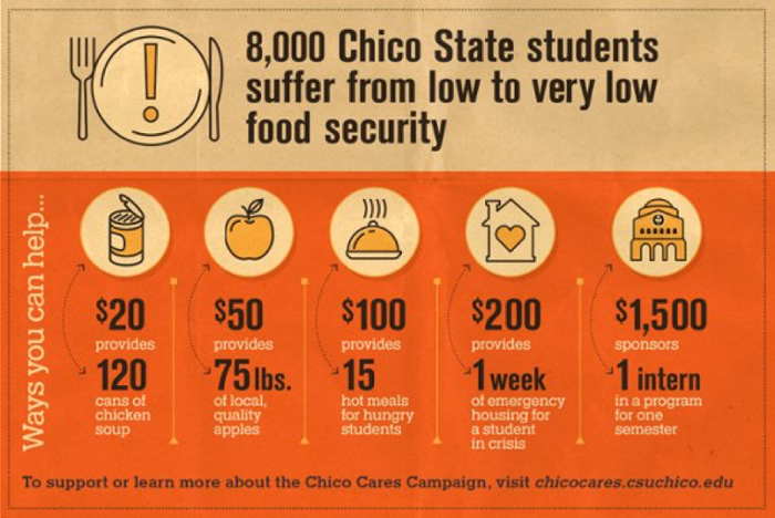 Chico Cares Campaign- 8,000 Chico State students suffer from low to very low food security. $20 provides 120 cans of Chicken soup, $50 provides 75lbs of local quality apples, $100 provides 15 hot meals for hungry students, $200 provides 1 week of emergency housing for hungry students, $1,500 sponsors 1 intern in a program for one semester. Learn more at chicocares.csuchico.edu