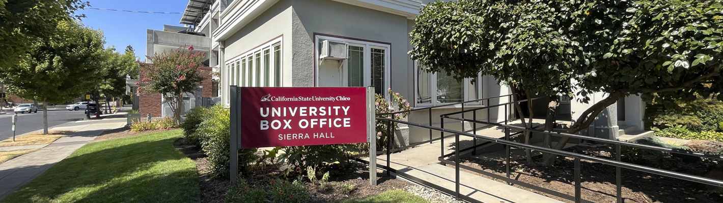 The University Box Office is located on the corner of W 3rd St and Chestnut St