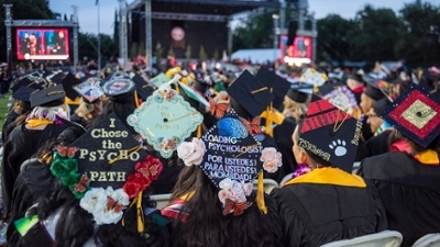 "I'm psyched!" says a Psychology student's graduation cap