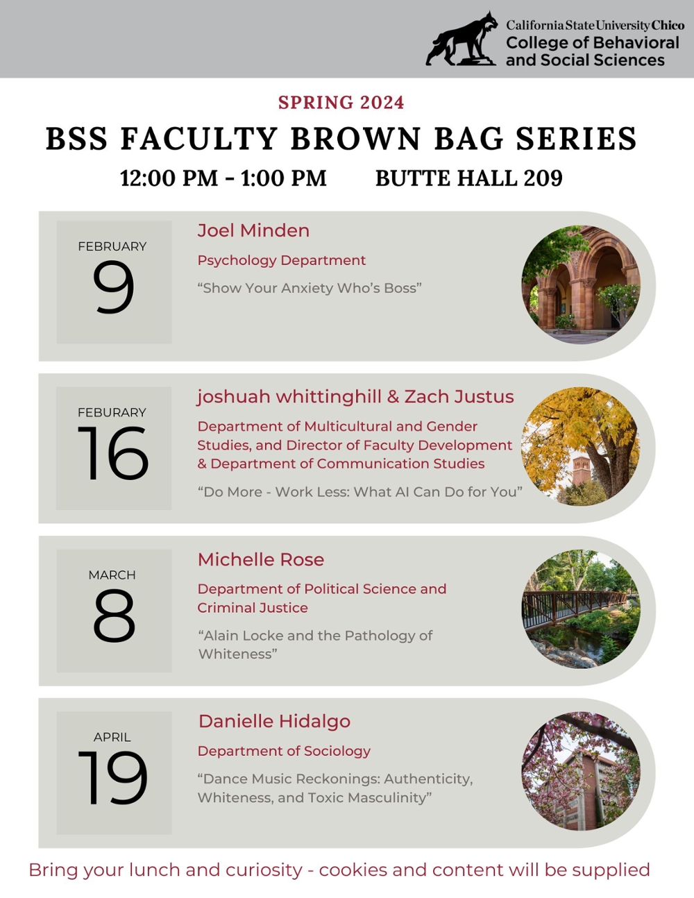 Informational flier with Faculty presentation schedule for spring 2024
