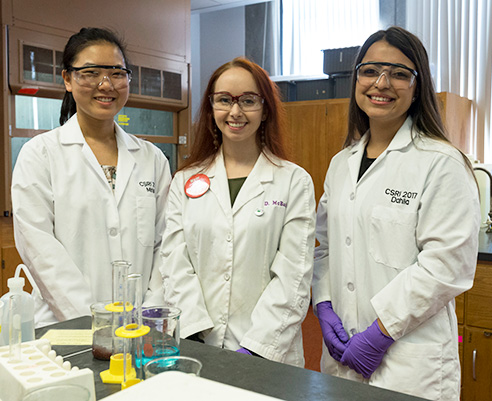 Chemistry Summer Research Institute (CSRI) Minjoo Kim (left), Devin McBain (center), and Dahlia Chavez (right)