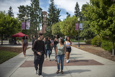 Students walking and talking through campus
