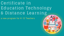 Teal graphic with icons representing education such as a computer, microscope, book, brain, clock.