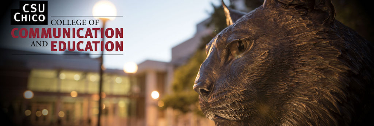 College of Communication and Education logo and wildcat statue