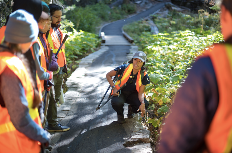 students help clear hiking paths in a forest