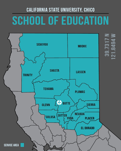 Map depicting highlighted northern CA counties including Siskiyou, Modoc, Trinity, Shasta, Lassen, Tehama, Plumas, Butte, Glenn, Colusa, Sutter, Yuba, Sierra, Nevada, Placer, and El Dorado