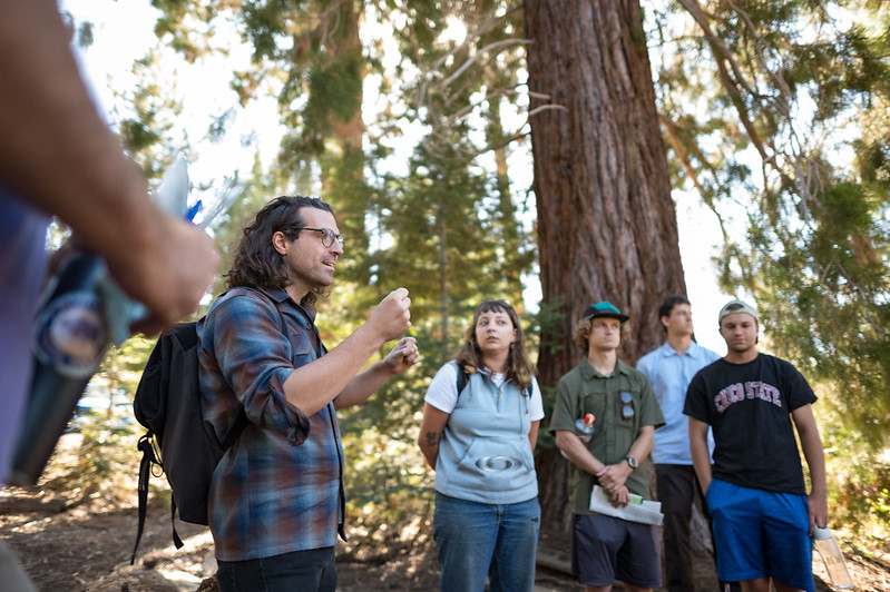 Professor speaks to students in a forest