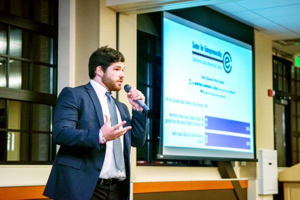 Student David Chalem gives his 90-second business pitch. Click photo to read more.