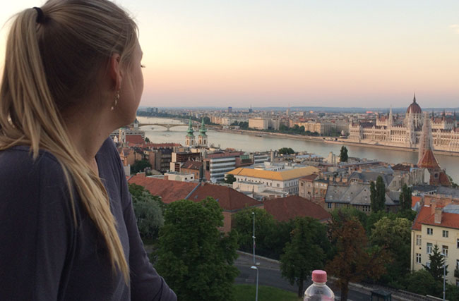 Sara looking over the parliament building in Budapest, Hungary