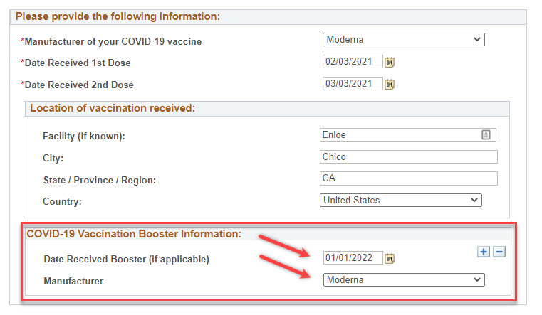 Screenshot from PeopleSoft highlighting the booster information section where you can select a date and manufacturer