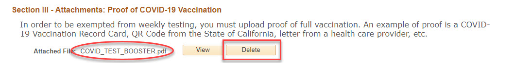 Screenshot from PeopleSoft showing attachment name and delete button highlighted"