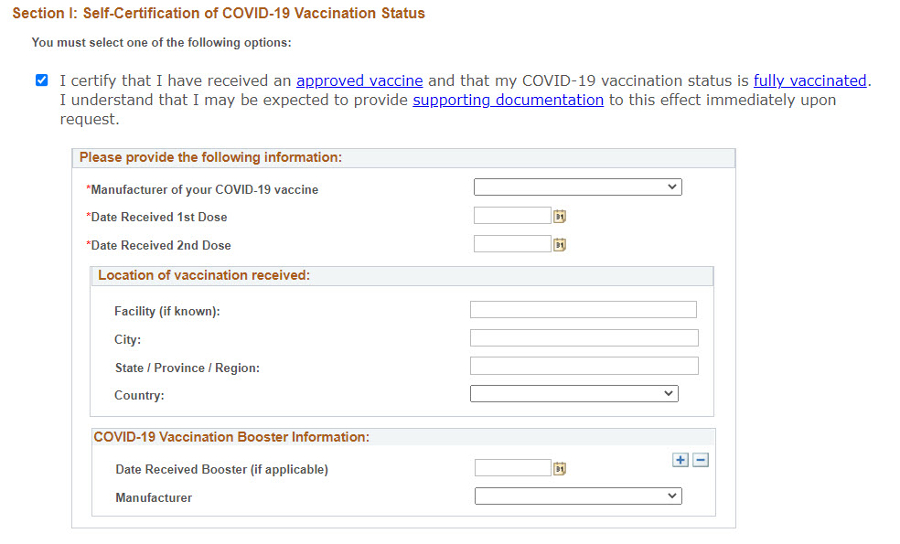 Screenshot showing the options when "receipt of an approved vaccine" is checked with options to enter vaccine dose information
