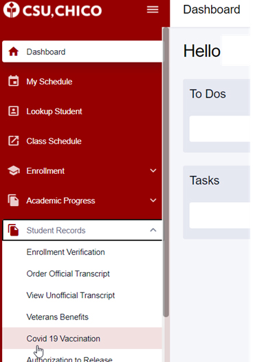 Screenshot showing the Student Center with the Student Records menu and Covid Vaccination selected