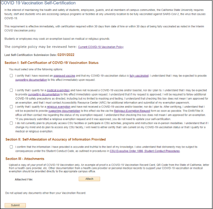 Screenshot of the Covid 19 Vaccination Self Certification page