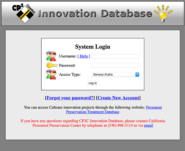 Innovation Database Login Screenshot