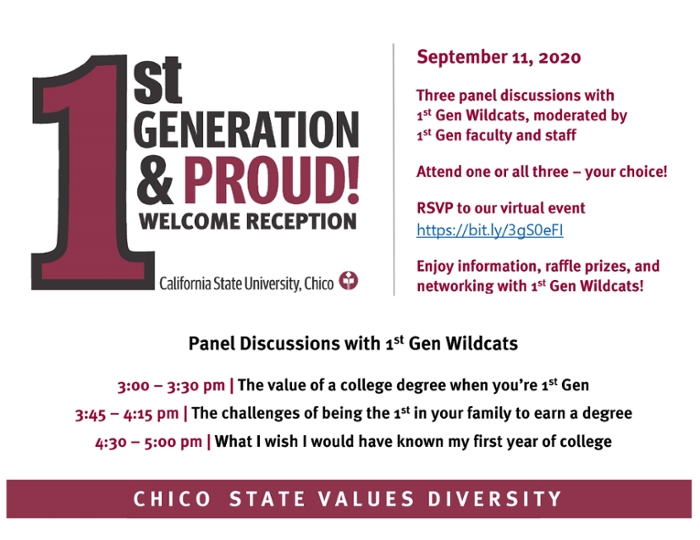 1st Generation Welcome details. Please contact the office of Diversity and Inclusion at 530-898-4764 for more information.