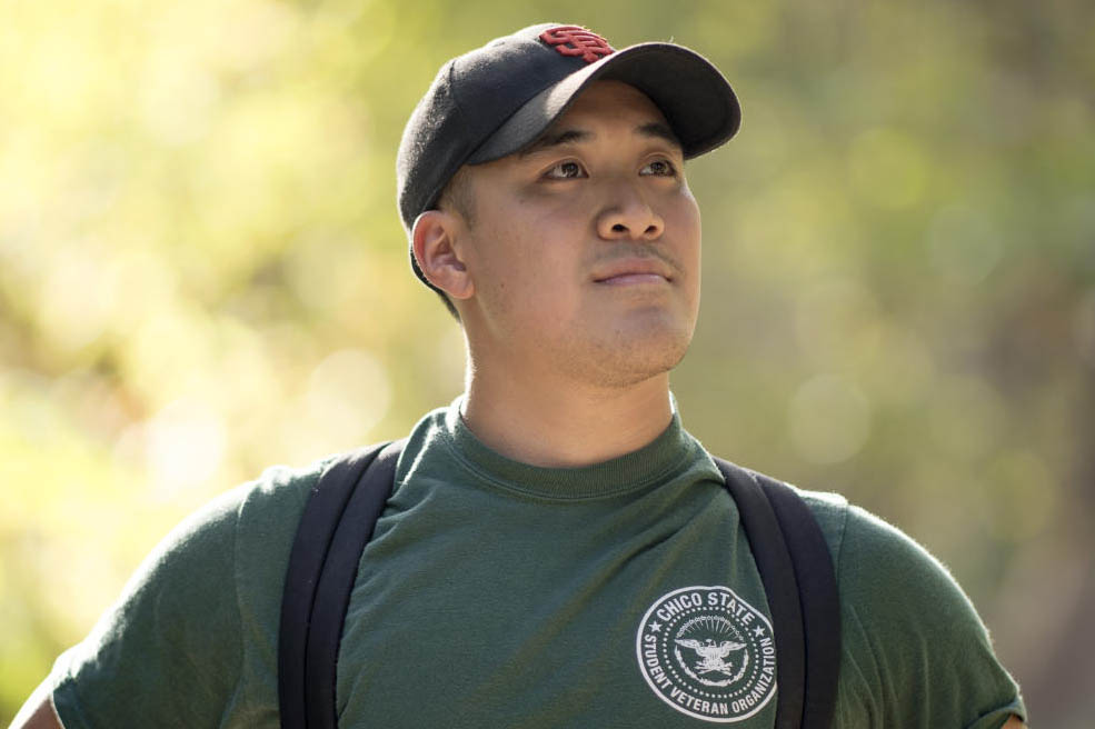 Portrait of a student wearing Student Veterans Organization t-shirt