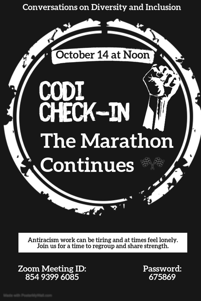 CODI Check In event information. Please contact the Office of Diversity and Inclusion at 530-898-4764 for more details.