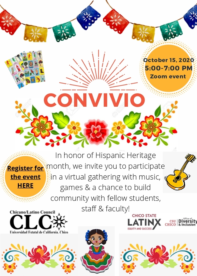 Convivio event details. Oct. 15, 5-7pm. Please contact the Office of Diversity and Inclusion at 530-898-4764 for more information.